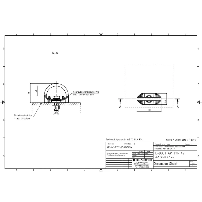 TYP 47 – Mechanical anchoring to a steel structure – M16 bolt with washer and nut