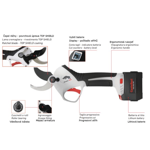 Akkumulátoros metszőolló CASTELLARI RYNO 63, teleszkópos nyél, külső áramforrás