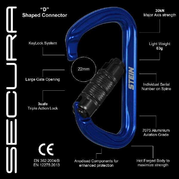 STEIN SECURA D-SHAPE ALU carabiner - blue