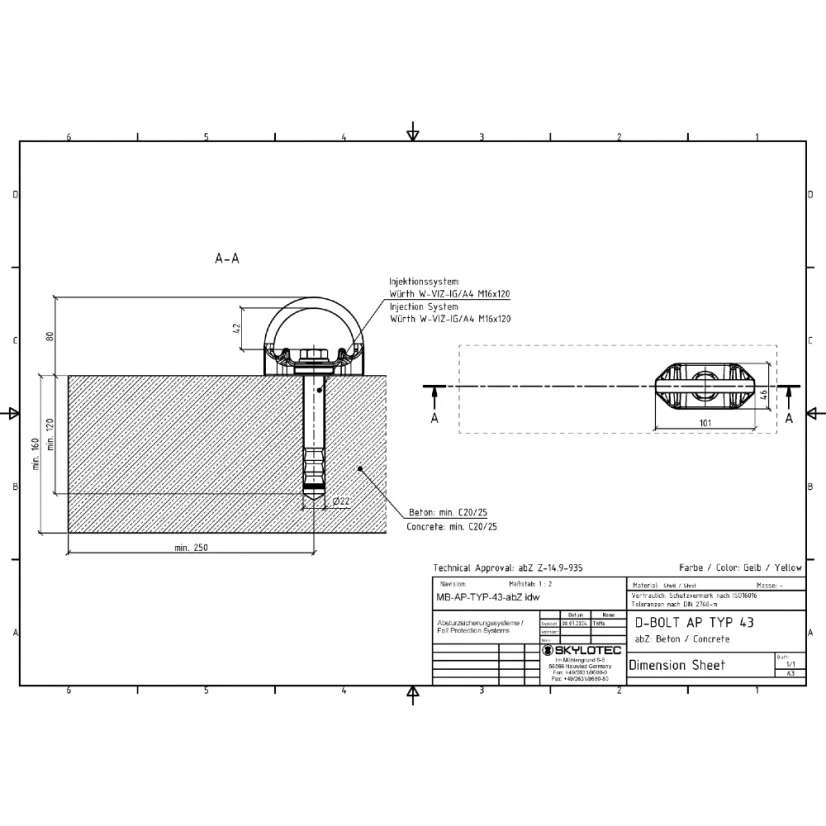 D-BOLT TYP 43 – Chemical anchoring into concrete – anchor element with internal M16 thread
